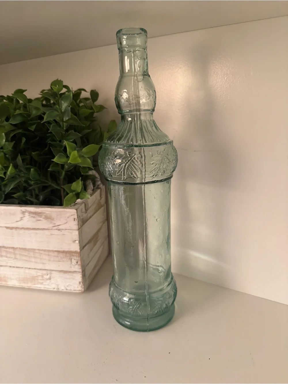 Vintage Spanish Recycled Glass Bottle Vase Aqua Green Embossed Pinecone